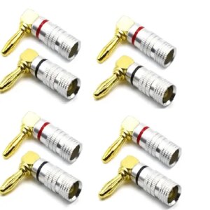 Set 8 mufe banana la 90 grade tata 4mm metal cu surub si inel negru si rosu SET-8-BANANA90/M-B+R