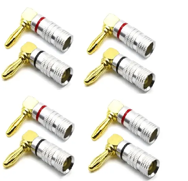 Set 8 mufe banana la 90 grade tata 4mm metal cu surub si inel negru si rosu SET-8-BANANA90/M-B+R