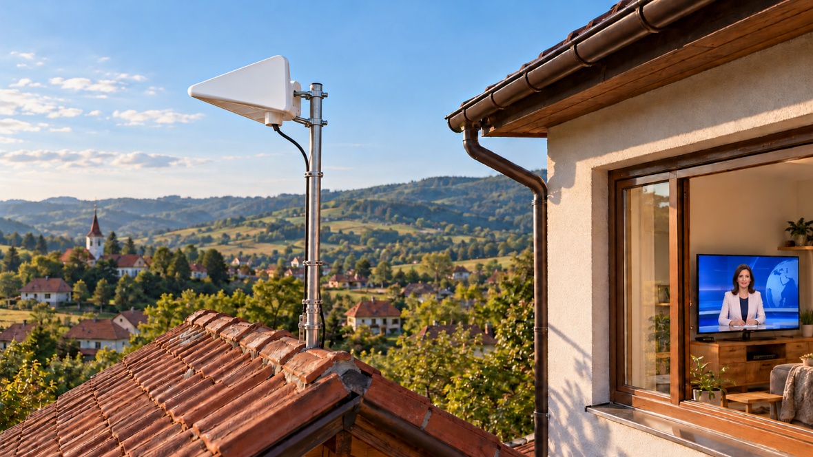 Antenă DVB-T2 de exterior cu amplificator montată pe acoperișul unei case, pentru recepția posturilor TV gratuite fără abonament.