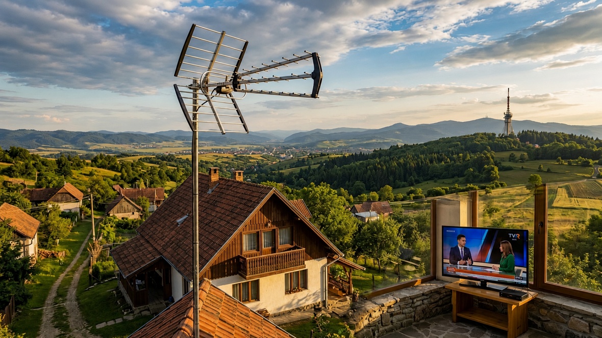 O antenă DVB-T2 de exterior montată pe acoperișul unei case dintr-o zonă rurală, conectată la un televizor ce transmite posturi TV gratuit prin televiziune digitală terestră.
