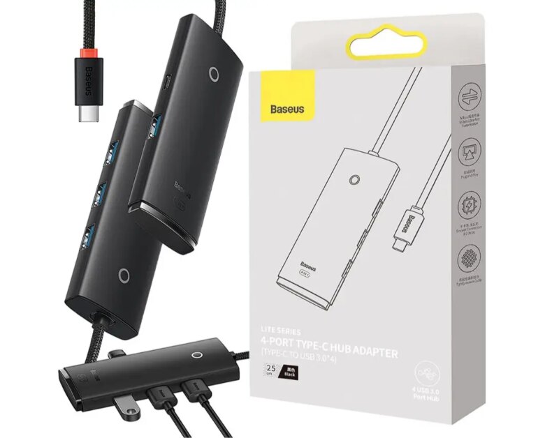 HUB extern Baseus WKQX030301 Lite 4 porturi USB 3.0 conectare prin USB Type-C cablu 0.25m negru