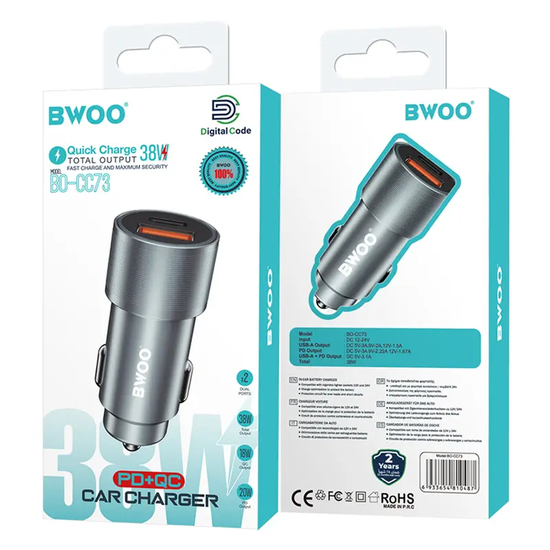 incarcator auto 12 24v 38w 1x usb c pd 20w 1x usb a qc 18w bwoo bo cc73 4