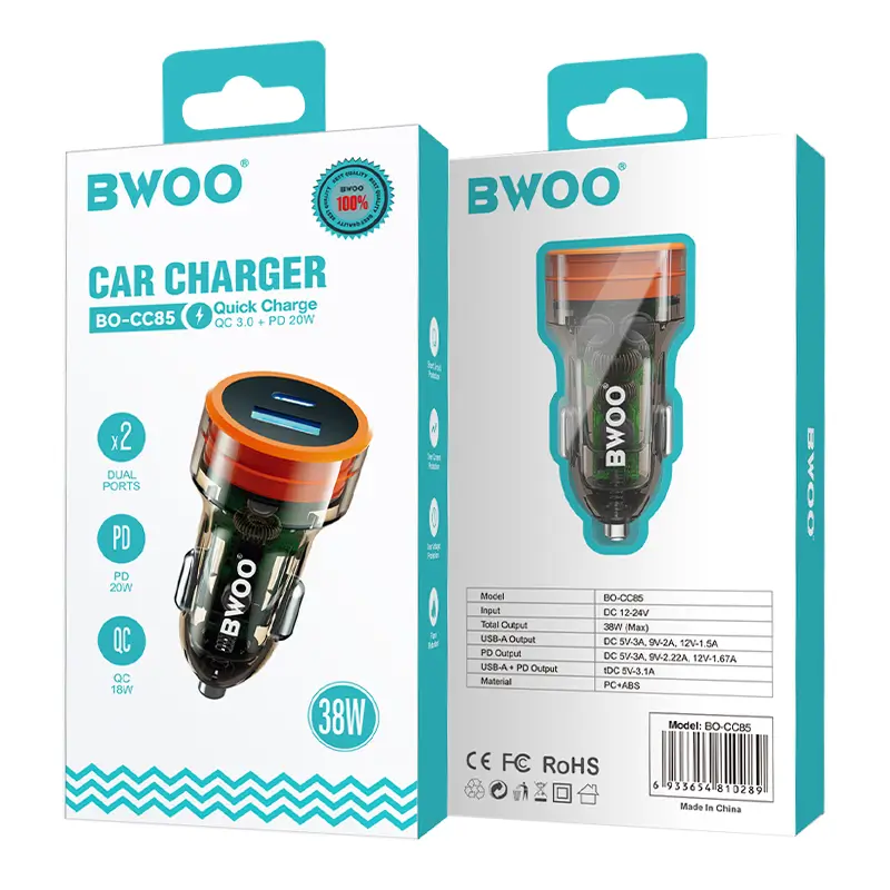 incarcator auto transparent 12 24v 38w 1x usb c pd 20w 1x usb a qc 18w bwoo bo cc85 4