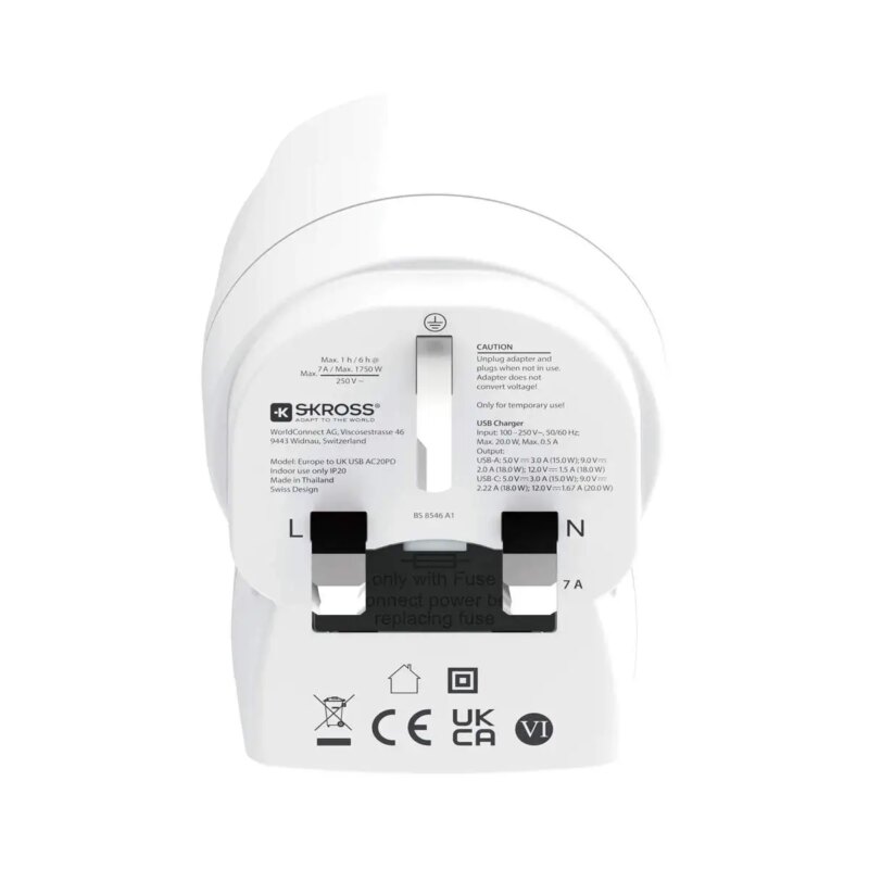 adaptor priza skross 1500283 e eu la uk usb a usb c 20w 1