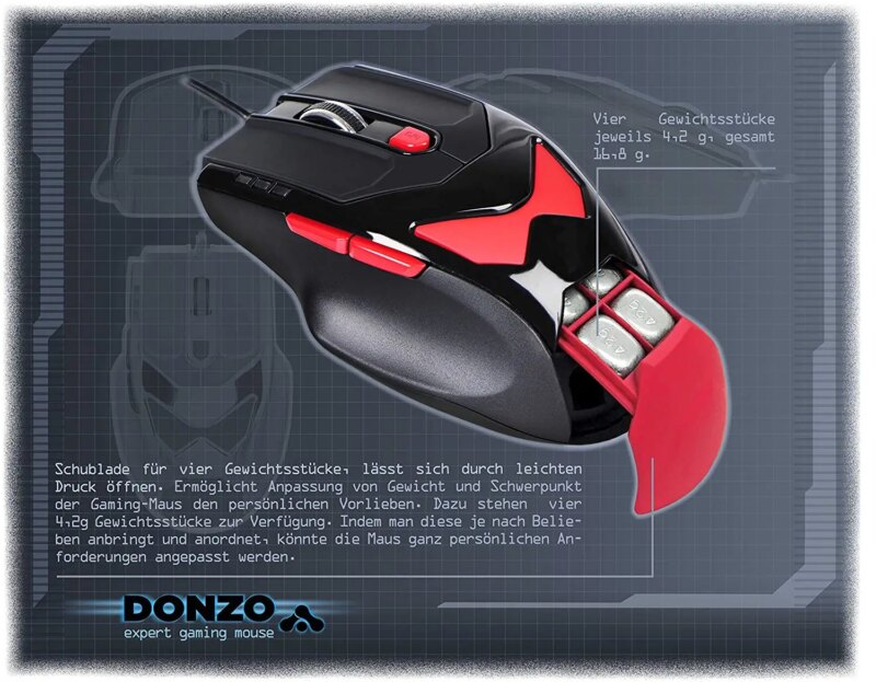 gaming mouse laser usb 800 1200 2100 3400dpi 6 butoane 76g cu 4x42g greutati interschimbabile donzo do959 bl 8