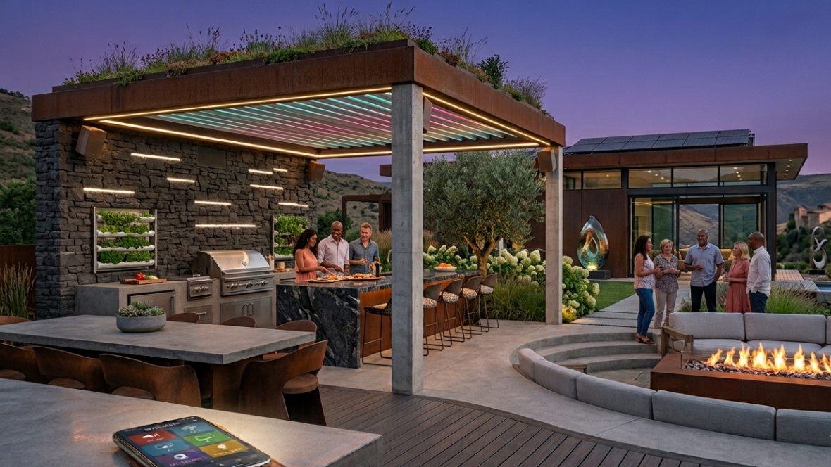 Idee de amenajare terasa moderna smart cu bucatarie de vara si gratar integrate sub o pergola din lemn cu iluminat LED, zona de dining