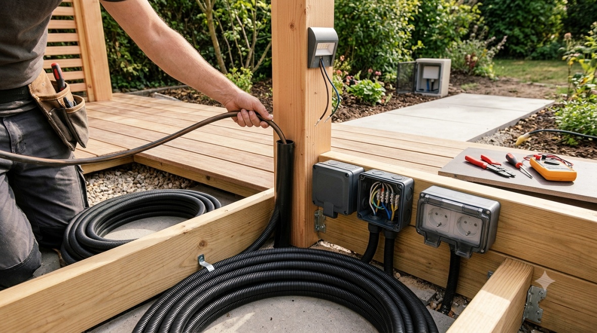 Instalație electrică terasă – trasee de cabluri, tuburi de protecție și tablou electric pentru alimentarea iluminatului, prizelor și echipamentelor din grădină.
