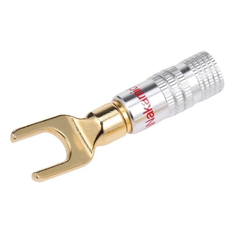 Mufa banana in U tip furca tata 4mm metal cu surub si inel rosu
