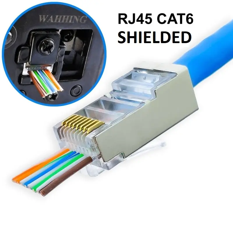 Mufa FTP CAT6 RJ45 8P8C ecranata PASS TROUGH cu trecere pentru cablu rotund Mufa FTP CAT6 RJ45 8P8C ecranata PASS TROUGH cu trecere pentru cablu rotund