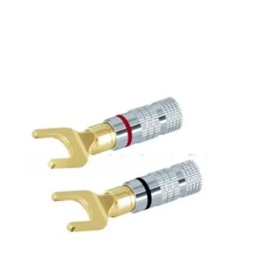 Set 2 mufe banana tip furca in U tata 4mm metal cu surub si inel negru si rosu